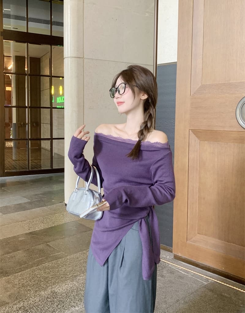 실사 빅 사이즈 지방 mm 보라색 허리 수축 불규칙 긴팔 보트넥 오프숄더 프랑스식 몸매 가꾸기 달콤한 매운맛 맨위 이미지 3