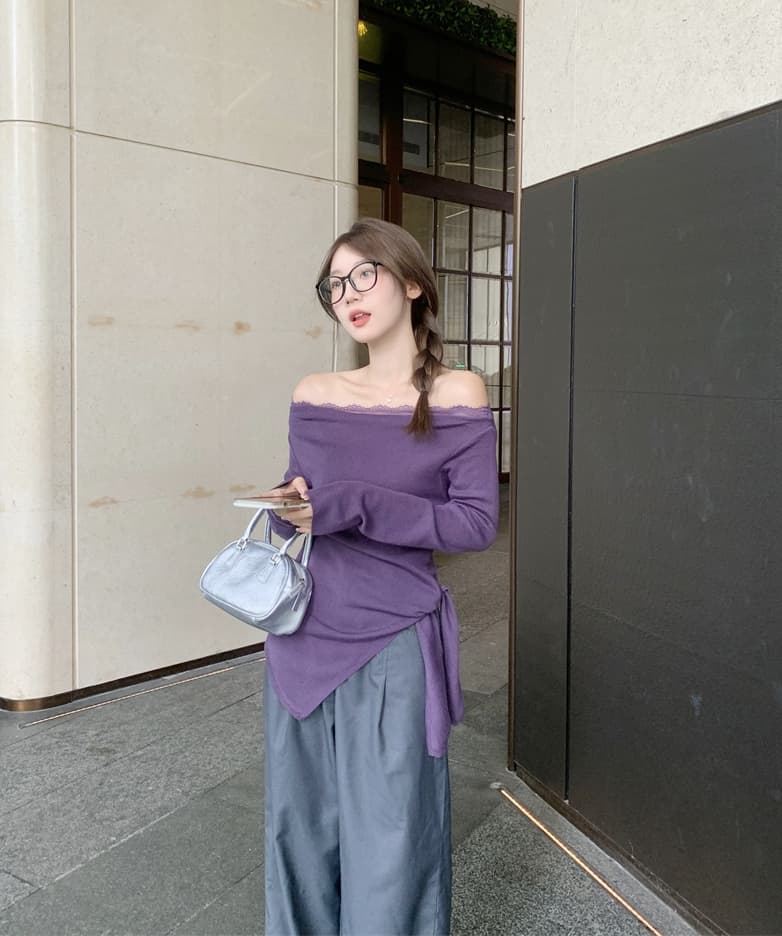 실사 빅 사이즈 지방 mm 보라색 허리 수축 불규칙 긴팔 보트넥 오프숄더 프랑스식 몸매 가꾸기 달콤한 매운맛 맨위