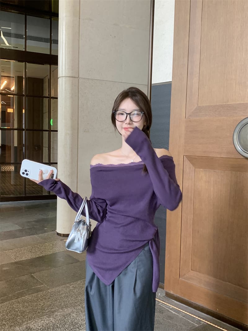 실사 빅 사이즈 지방 mm 보라색 허리 수축 불규칙 긴팔 보트넥 오프숄더 프랑스식 몸매 가꾸기 달콤한 매운맛 맨위 상세 이미지 4