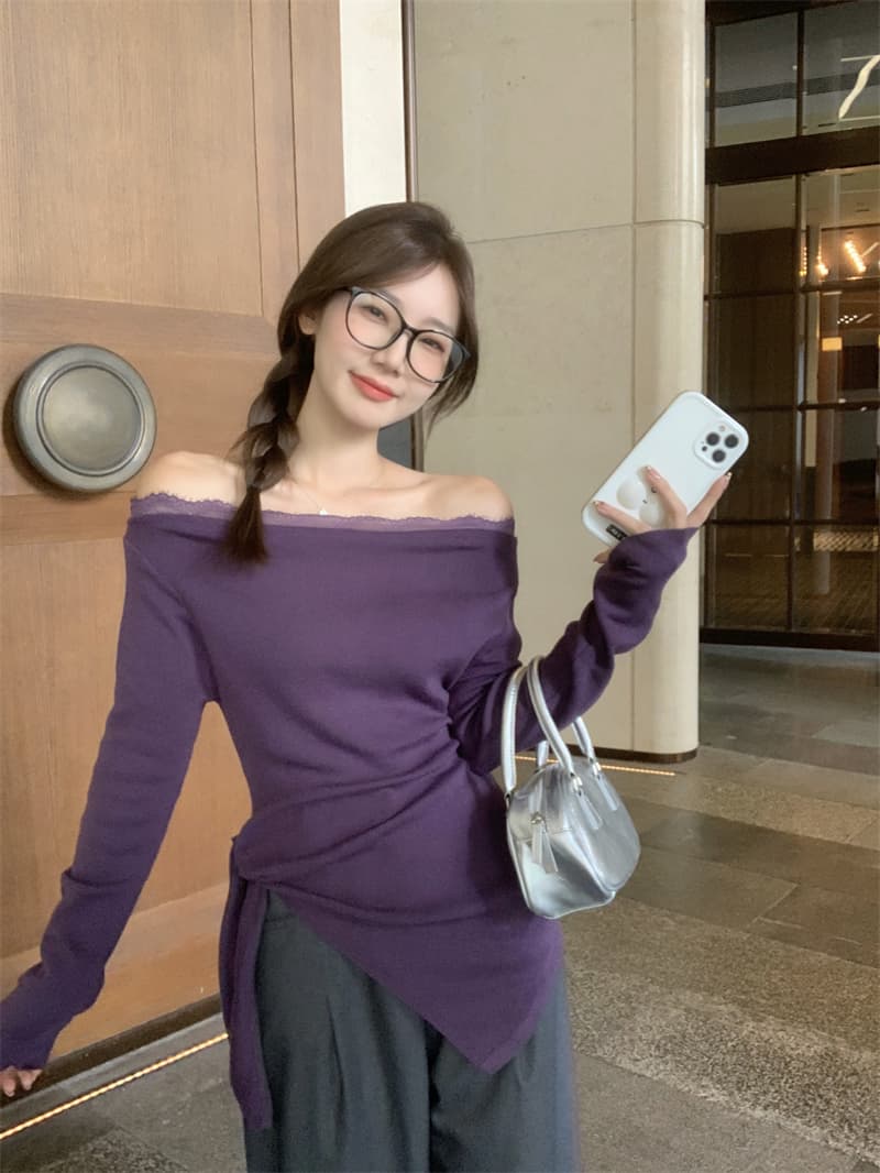 실사 빅 사이즈 지방 mm 보라색 허리 수축 불규칙 긴팔 보트넥 오프숄더 프랑스식 몸매 가꾸기 달콤한 매운맛 맨위 상세 이미지 6