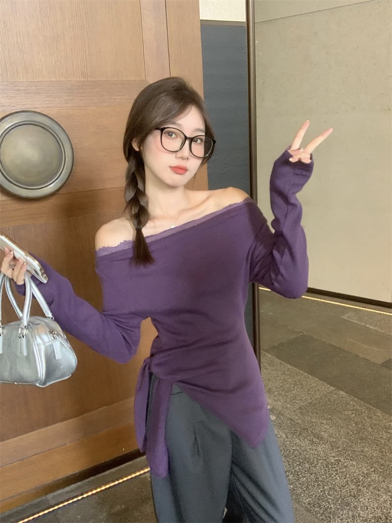 실사 빅 사이즈 지방 mm 보라색 허리 수축 불규칙 긴팔 보트넥 오프숄더 프랑스식 몸매 가꾸기 달콤한 매운맛 맨위 상세 이미지 7