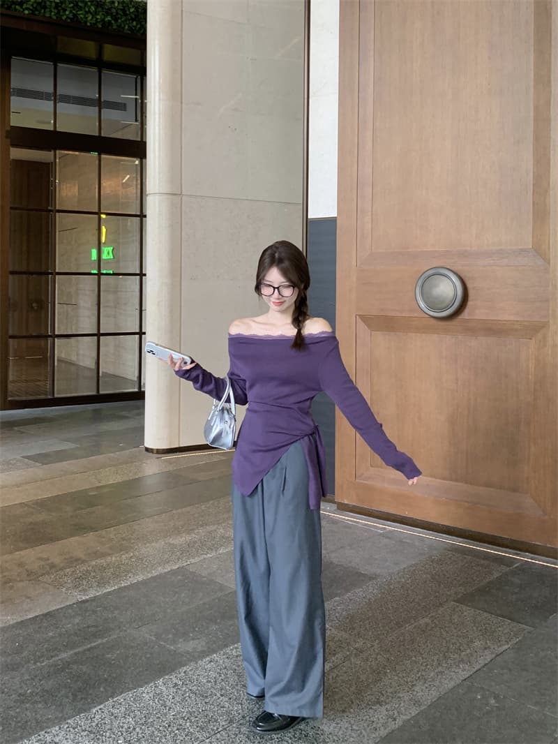 실사 빅 사이즈 지방 mm 보라색 허리 수축 불규칙 긴팔 보트넥 오프숄더 프랑스식 몸매 가꾸기 달콤한 매운맛 맨위 상세 이미지 8