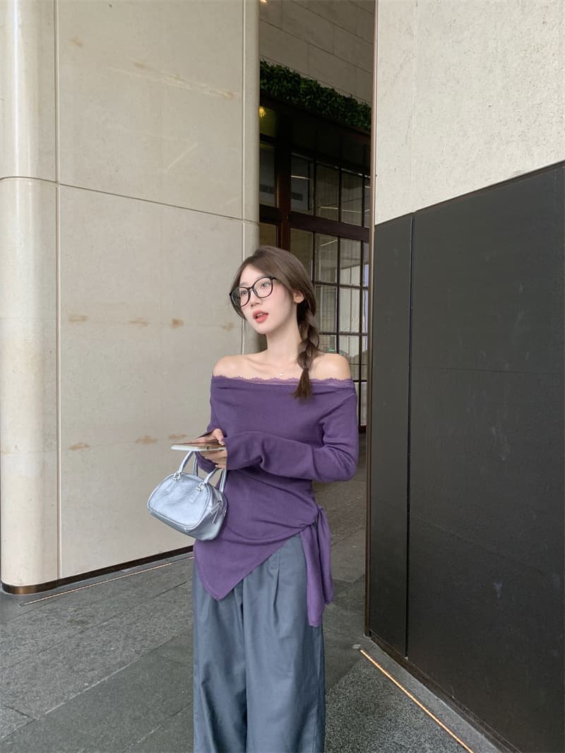 실사 빅 사이즈 지방 mm 보라색 허리 수축 불규칙 긴팔 보트넥 오프숄더 프랑스식 몸매 가꾸기 달콤한 매운맛 맨위 상세 이미지 9