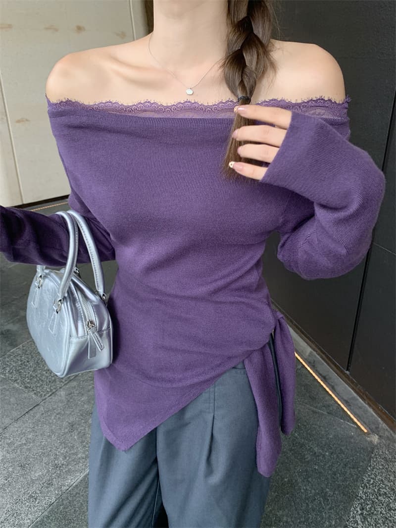 실사 빅 사이즈 지방 mm 보라색 허리 수축 불규칙 긴팔 보트넥 오프숄더 프랑스식 몸매 가꾸기 달콤한 매운맛 맨위 상세 이미지 10