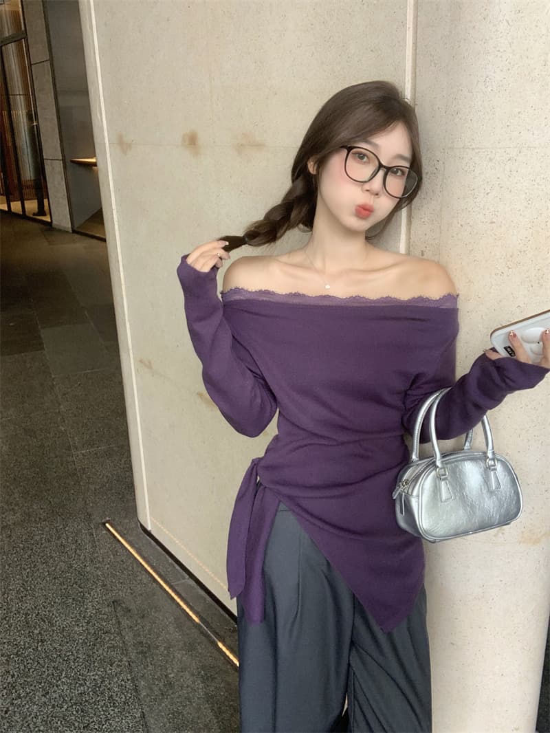 실사 빅 사이즈 지방 mm 보라색 허리 수축 불규칙 긴팔 보트넥 오프숄더 프랑스식 몸매 가꾸기 달콤한 매운맛 맨위 상세 이미지 11