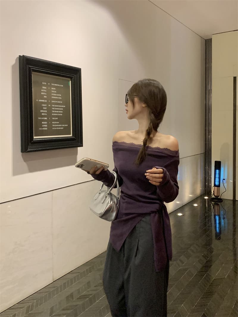 실사 빅 사이즈 지방 mm 보라색 허리 수축 불규칙 긴팔 보트넥 오프숄더 프랑스식 몸매 가꾸기 달콤한 매운맛 맨위 상세 이미지 12