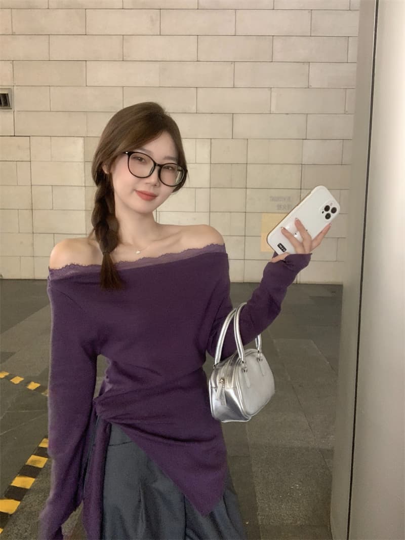 실사 빅 사이즈 지방 mm 보라색 허리 수축 불규칙 긴팔 보트넥 오프숄더 프랑스식 몸매 가꾸기 달콤한 매운맛 맨위 상세 이미지 13