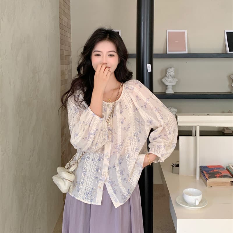 실사 빅 사이즈 지방 mm 부드러운 바람 루즈핏 연령 감소 꽃무늬 마이크로 ~을 통해 하이웨이스트 슬림해 보이는 반신 스커트 투피스 세트 이미지 5