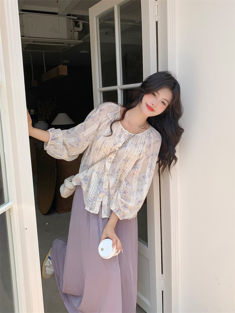 실사 빅 사이즈 지방 mm 부드러운 바람 루즈핏 연령 감소 꽃무늬 마이크로 ~을 통해 하이웨이스트 슬림해 보이는 반신 스커트 투피스 세트 상세 이미지 1
