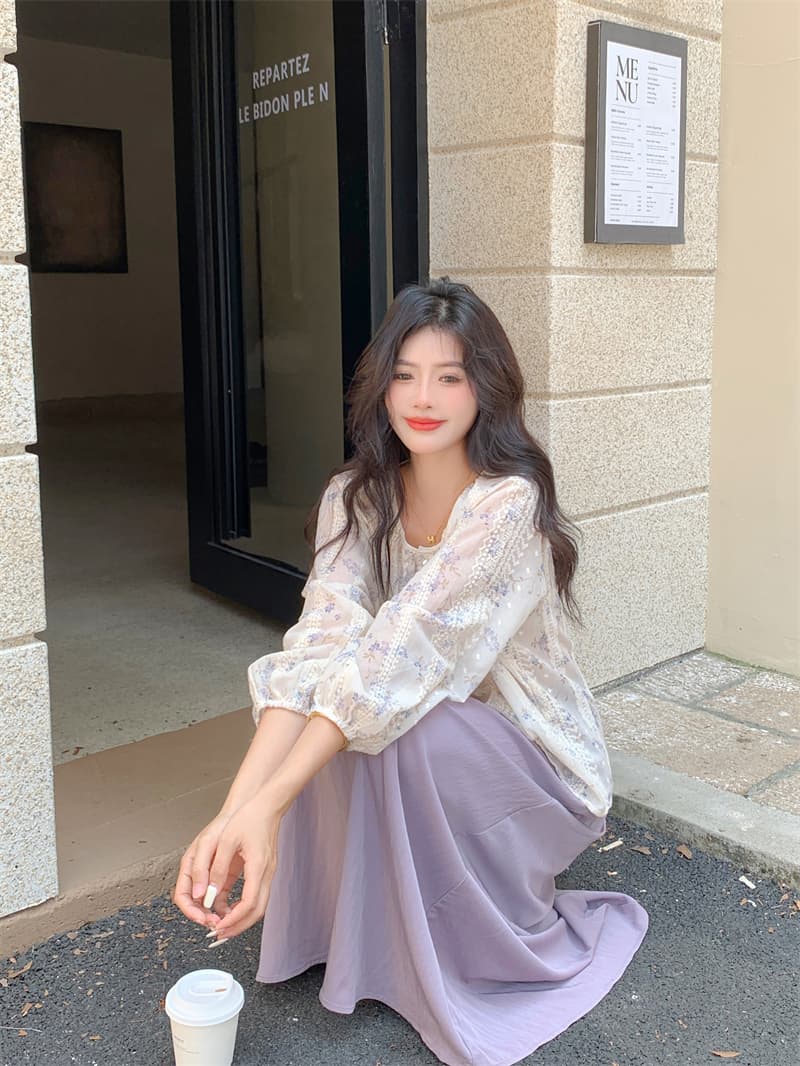 실사 빅 사이즈 지방 mm 부드러운 바람 루즈핏 연령 감소 꽃무늬 마이크로 ~을 통해 하이웨이스트 슬림해 보이는 반신 스커트 투피스 세트 상세 이미지 3
