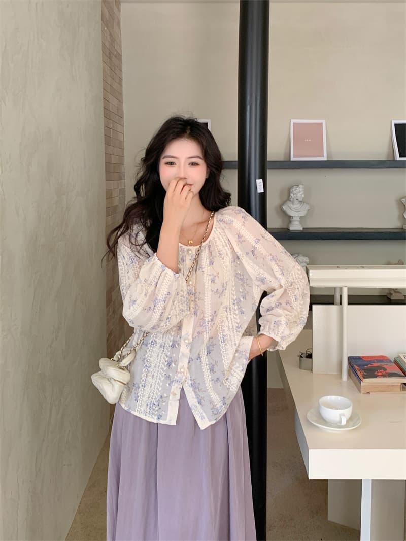 실사 빅 사이즈 지방 mm 부드러운 바람 루즈핏 연령 감소 꽃무늬 마이크로 ~을 통해 하이웨이스트 슬림해 보이는 반신 스커트 투피스 세트 상세 이미지 4