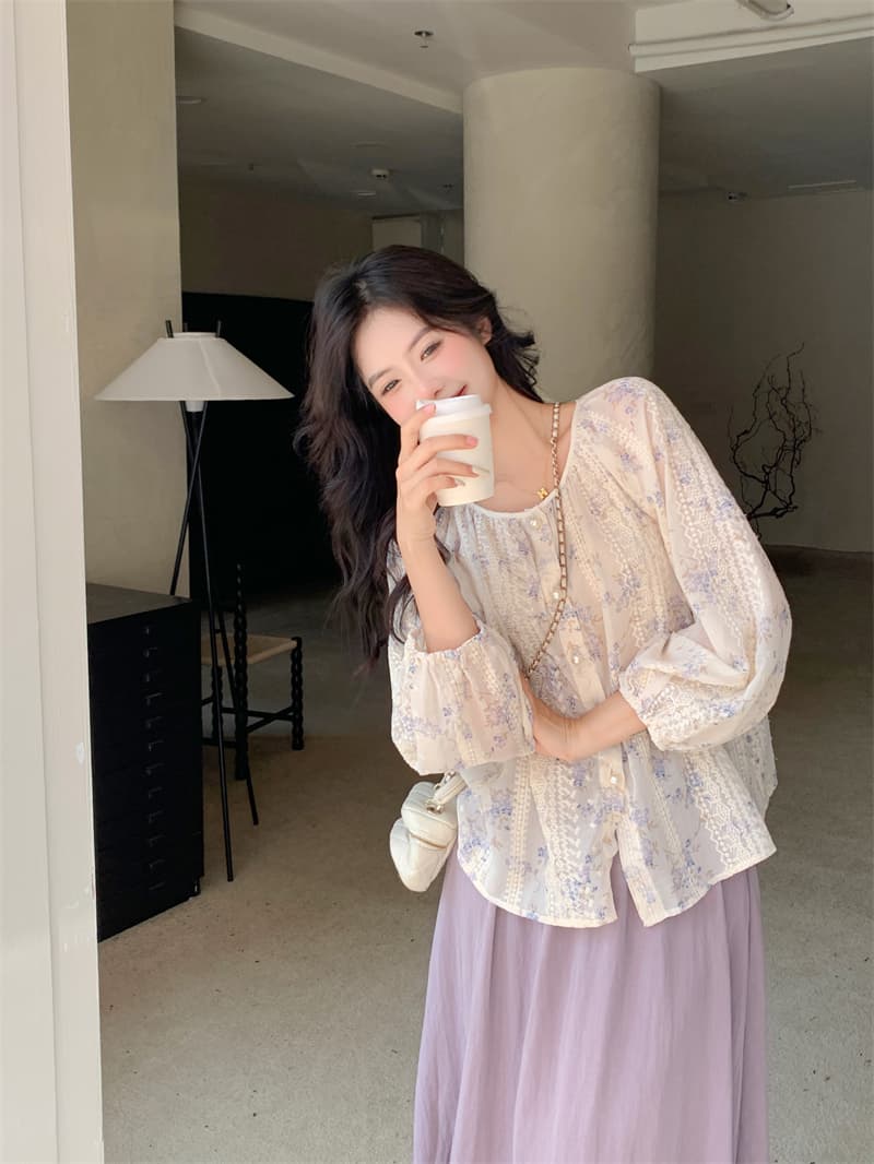 실사 빅 사이즈 지방 mm 부드러운 바람 루즈핏 연령 감소 꽃무늬 마이크로 ~을 통해 하이웨이스트 슬림해 보이는 반신 스커트 투피스 세트 상세 이미지 5
