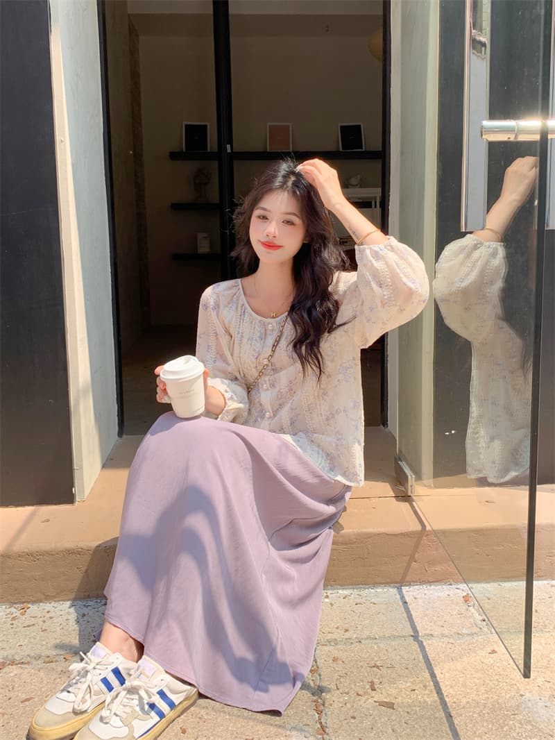 실사 빅 사이즈 지방 mm 부드러운 바람 루즈핏 연령 감소 꽃무늬 마이크로 ~을 통해 하이웨이스트 슬림해 보이는 반신 스커트 투피스 세트 상세 이미지 7