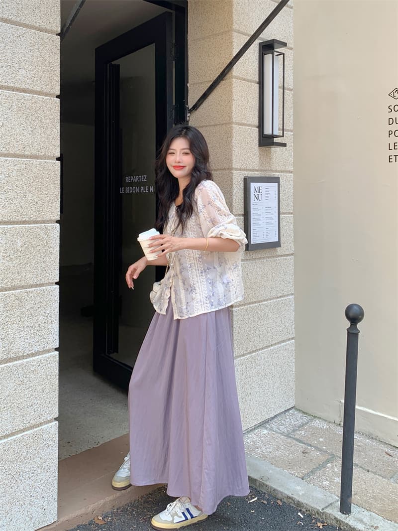실사 빅 사이즈 지방 mm 부드러운 바람 루즈핏 연령 감소 꽃무늬 마이크로 ~을 통해 하이웨이스트 슬림해 보이는 반신 스커트 투피스 세트 상세 이미지 11