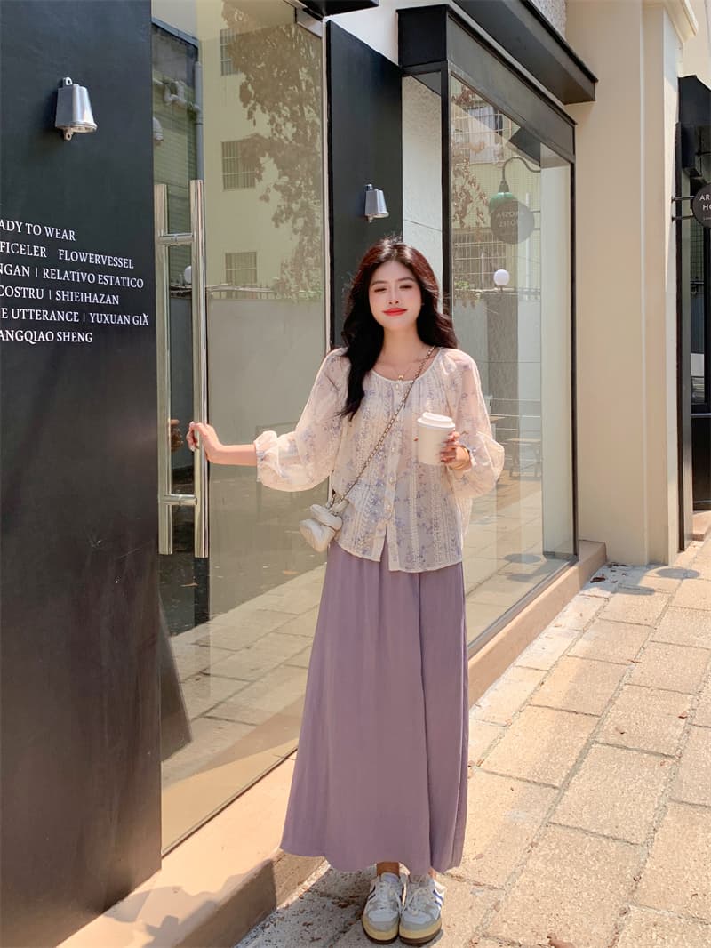 실사 빅 사이즈 지방 mm 부드러운 바람 루즈핏 연령 감소 꽃무늬 마이크로 ~을 통해 하이웨이스트 슬림해 보이는 반신 스커트 투피스 세트 상세 이미지 13