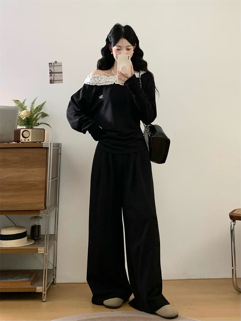 실사 빅 사이즈 지방 mm 한 부서 느슨함 센스 오프숄더 캐주얼 후드티 세트 슈퍼 화재 착용 가져 가라. 전체 집합 상세 이미지 5