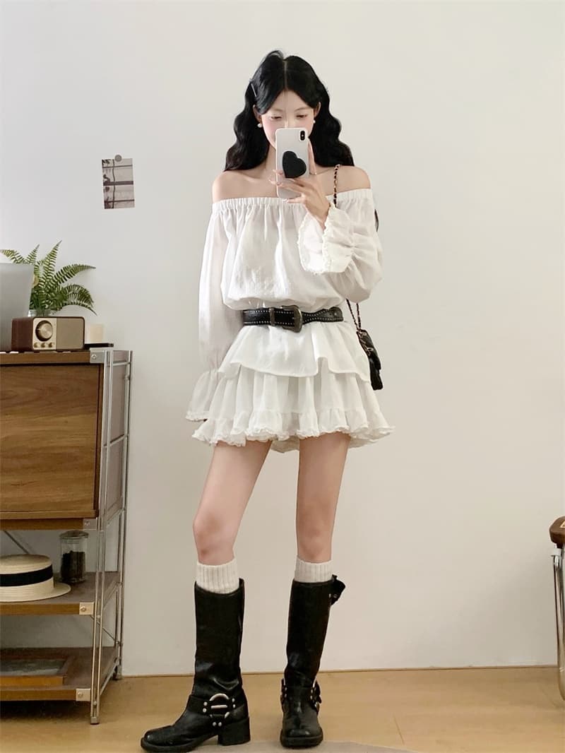 실사 빅 사이즈 지방 mm 가을 인터넷 색상 캐주얼 반소매 참나무 늑골 칼라 맨위 다용도 미니 스커트 세트 이미지 3