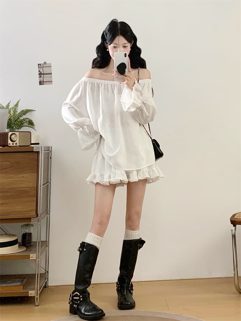실사 빅 사이즈 지방 mm 가을 인터넷 색상 캐주얼 반소매 참나무 늑골 칼라 맨위 다용도 미니 스커트 세트 이미지 4