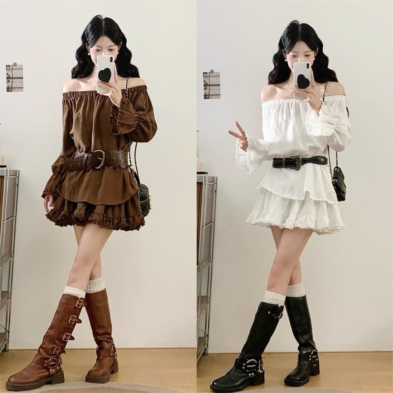 실사 빅 사이즈 지방 mm 가을 인터넷 색상 캐주얼 반소매 참나무 늑골 칼라 맨위 다용도 미니 스커트 세트 이미지 2