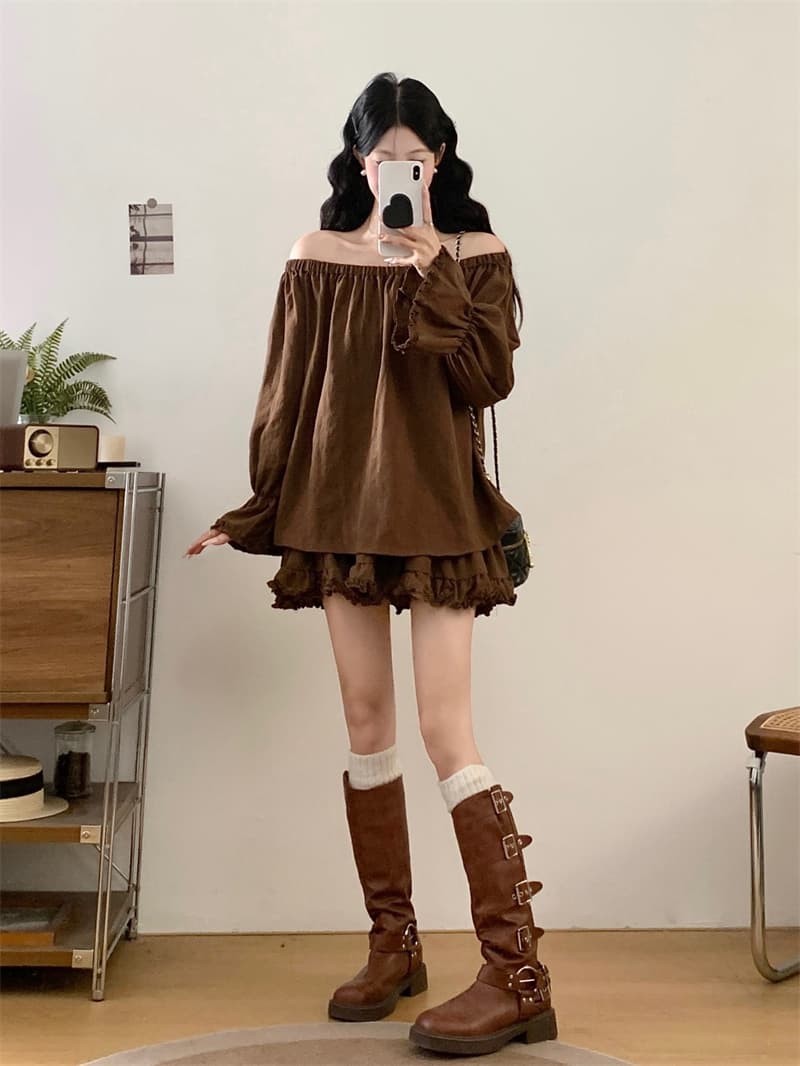 실사 빅 사이즈 지방 mm 가을 인터넷 색상 캐주얼 반소매 참나무 늑골 칼라 맨위 다용도 미니 스커트 세트 상세 이미지 3