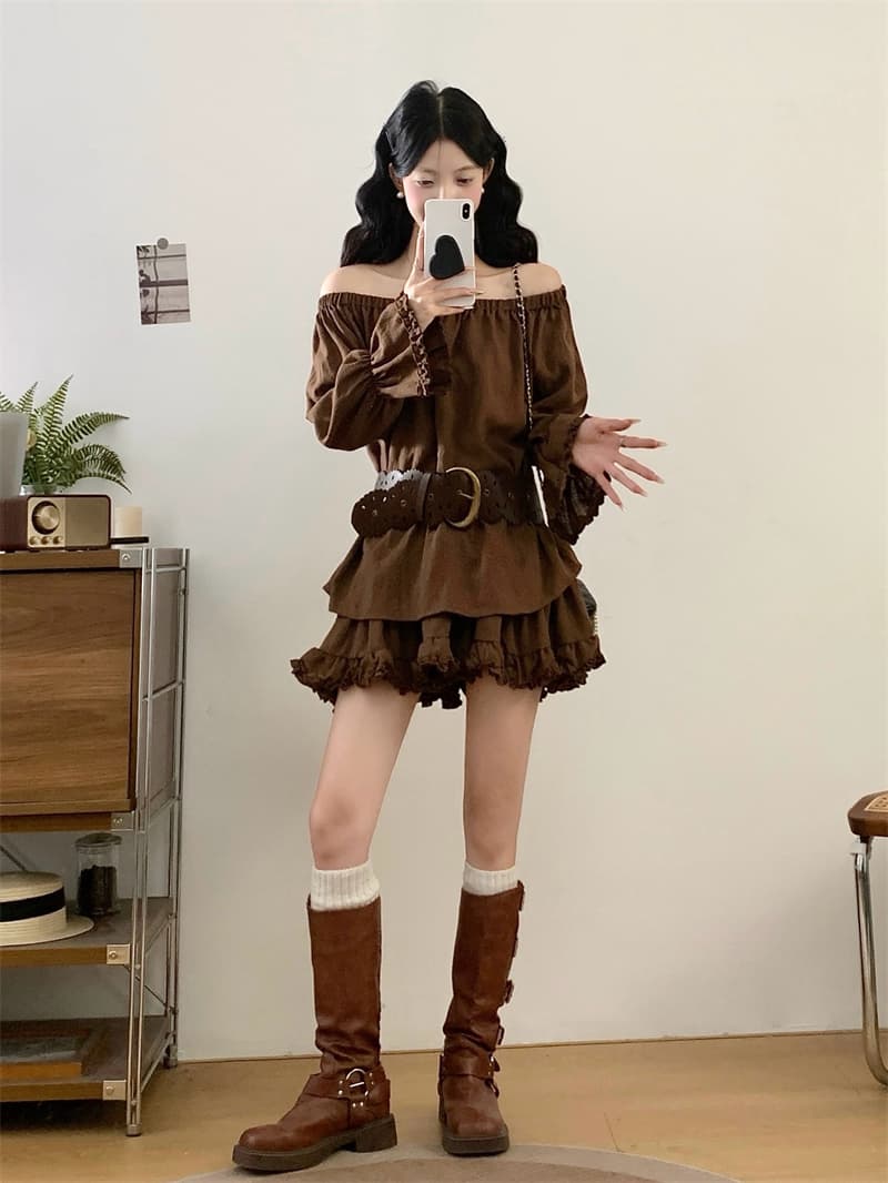 실사 빅 사이즈 지방 mm 가을 인터넷 색상 캐주얼 반소매 참나무 늑골 칼라 맨위 다용도 미니 스커트 세트 상세 이미지 7