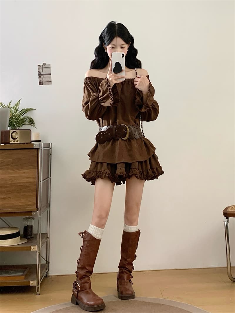 실사 빅 사이즈 지방 mm 가을 인터넷 색상 캐주얼 반소매 참나무 늑골 칼라 맨위 다용도 미니 스커트 세트 상세 이미지 8