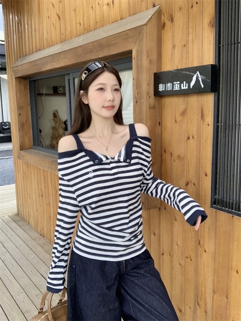 실사 빅 사이즈 지방 mm 스트라이프 달콤한 매운맛 바람 오프숄더 긴팔 티셔츠 페이크 레이어드 슬림해 보이는 느긋한 바람 맨위 이미지 4