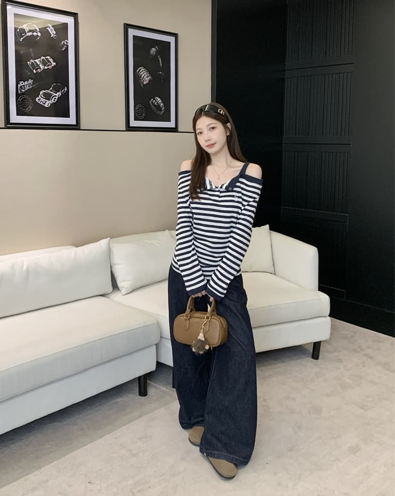 실사 빅 사이즈 지방 mm 스트라이프 달콤한 매운맛 바람 오프숄더 긴팔 티셔츠 페이크 레이어드 슬림해 보이는 느긋한 바람 맨위 이미지 2