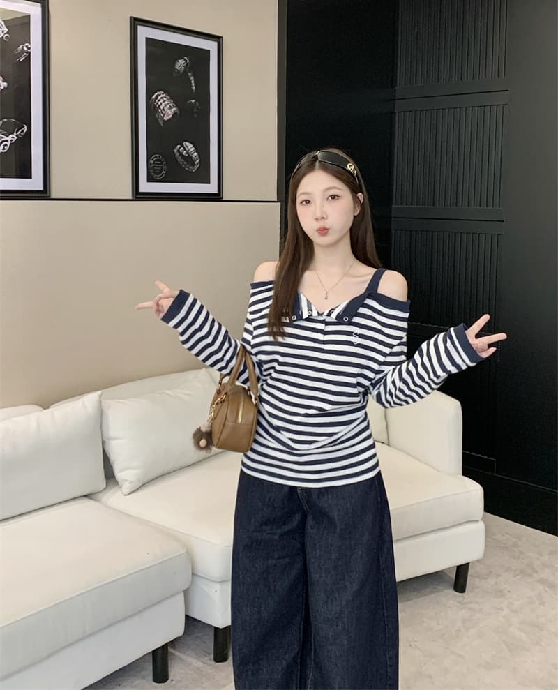 실사 빅 사이즈 지방 mm 스트라이프 달콤한 매운맛 바람 오프숄더 긴팔 티셔츠 페이크 레이어드 슬림해 보이는 느긋한 바람 맨위 상세 이미지 1