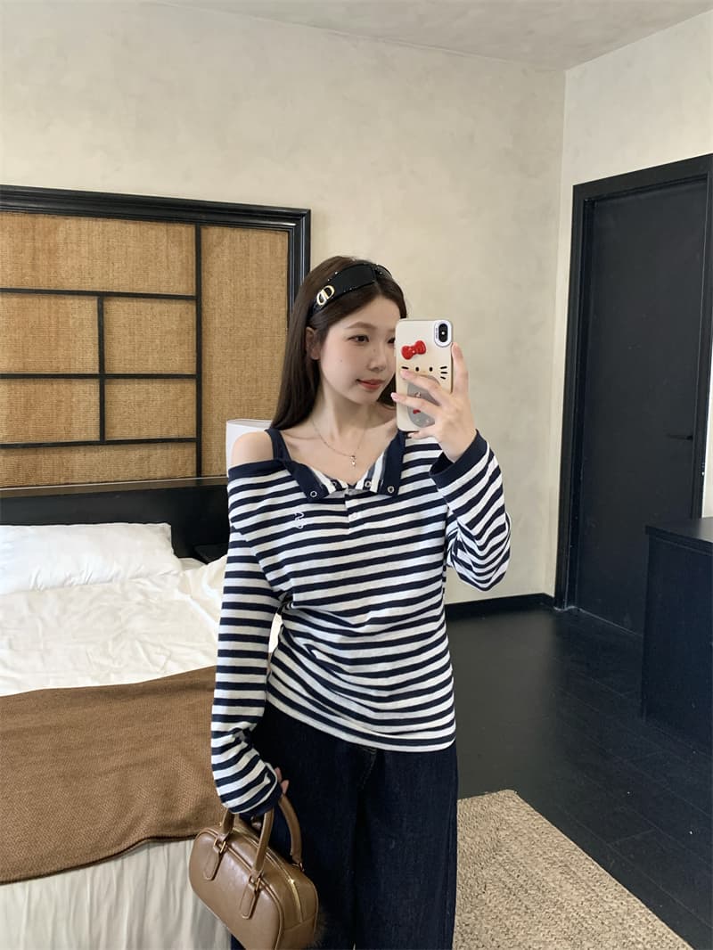 실사 빅 사이즈 지방 mm 스트라이프 달콤한 매운맛 바람 오프숄더 긴팔 티셔츠 페이크 레이어드 슬림해 보이는 느긋한 바람 맨위 상세 이미지 4