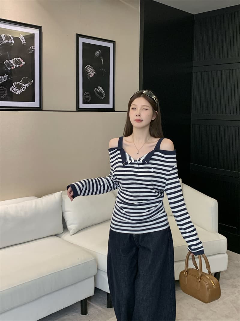 실사 빅 사이즈 지방 mm 스트라이프 달콤한 매운맛 바람 오프숄더 긴팔 티셔츠 페이크 레이어드 슬림해 보이는 느긋한 바람 맨위 상세 이미지 10