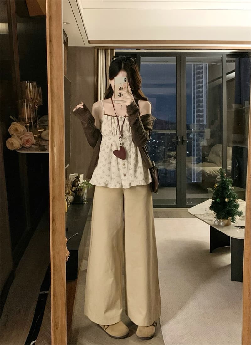 실사 빅 사이즈 지방 mm 꽃무늬 캐미솔 니트 오픈 가디건 하이웨이스트 캐주얼 워크웨어 여성 긴 바지 3종 세트 이미지 4