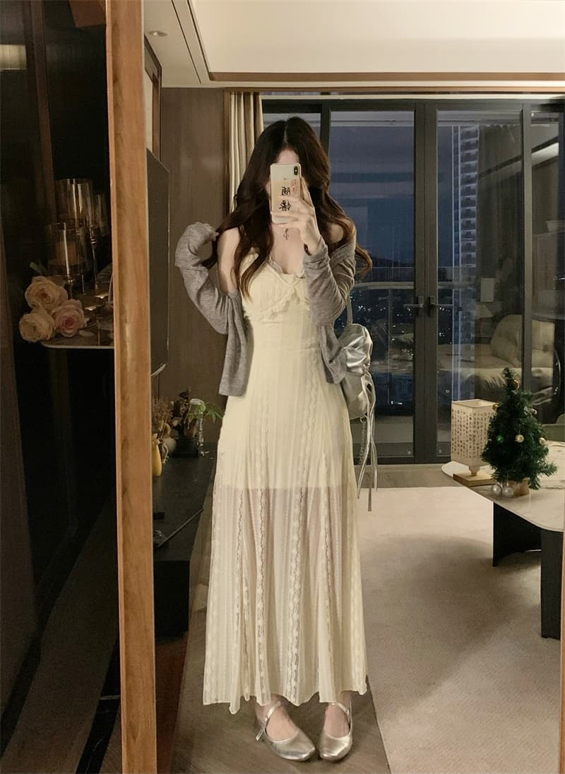 실사 빅 사이즈 지방 mm 고급 센스 프랑스식 품격 V넥 레이스 슬립 드레스 가을 오픈 가디건 세트 상세 이미지 1