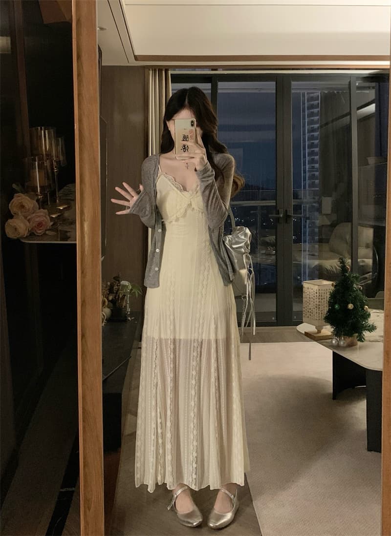 실사 빅 사이즈 지방 mm 고급 센스 프랑스식 품격 V넥 레이스 슬립 드레스 가을 오픈 가디건 세트 상세 이미지 8