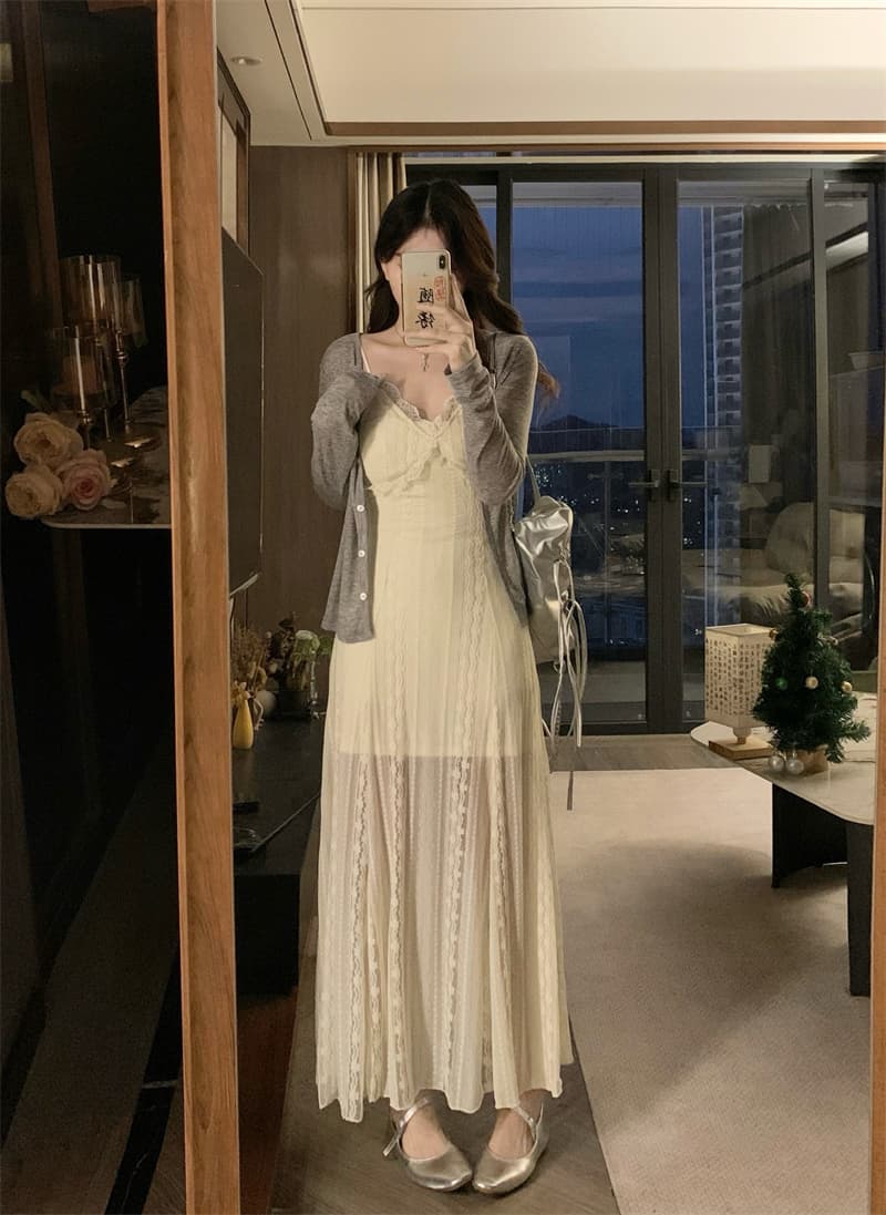 실사 빅 사이즈 지방 mm 고급 센스 프랑스식 품격 V넥 레이스 슬립 드레스 가을 오픈 가디건 세트 상세 이미지 11