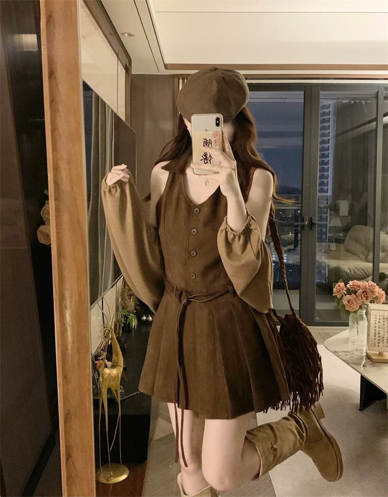 실사 빅 사이즈 지방 mm 새로운 스웨이드 원단 조끼 플리츠 드레스 같은 색깔 재킷 벨트 포함 3종 세트 이미지 2