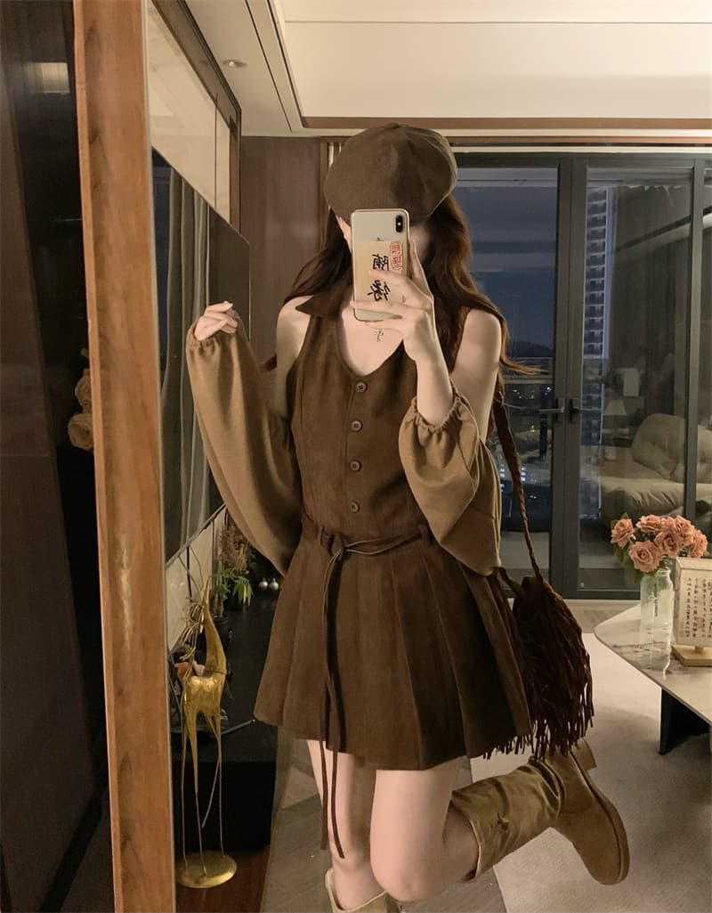 실사 빅 사이즈 지방 mm 새로운 스웨이드 원단 조끼 플리츠 드레스 같은 색깔 재킷 벨트 포함 3종 세트 상세 이미지 4