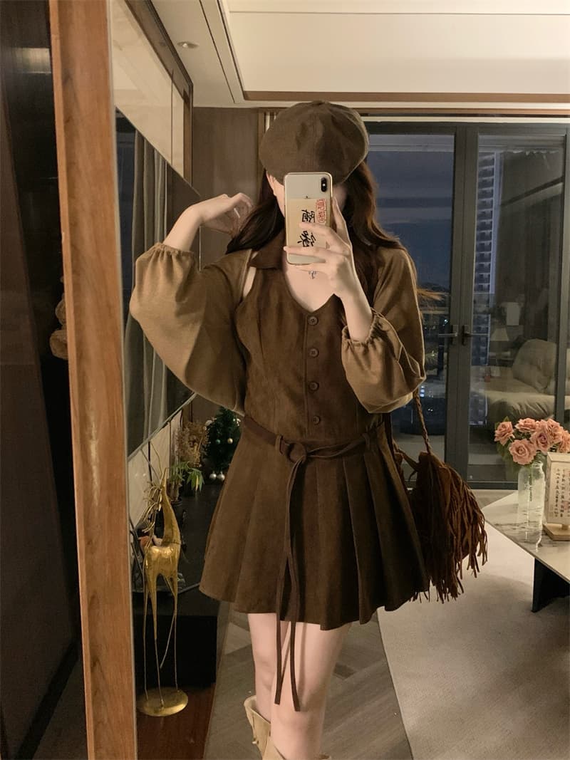 실사 빅 사이즈 지방 mm 새로운 스웨이드 원단 조끼 플리츠 드레스 같은 색깔 재킷 벨트 포함 3종 세트 상세 이미지 8