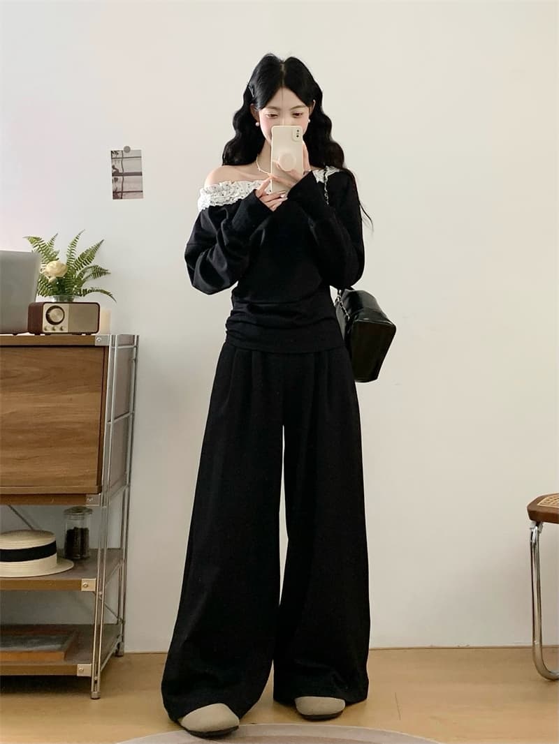 실사 빅 사이즈 지방 mm 한 부서 느슨함 센스 오프숄더 캐주얼 후드티 세트 슈퍼 화재 착용 가져 가라. 전체 집합 상세 이미지 1