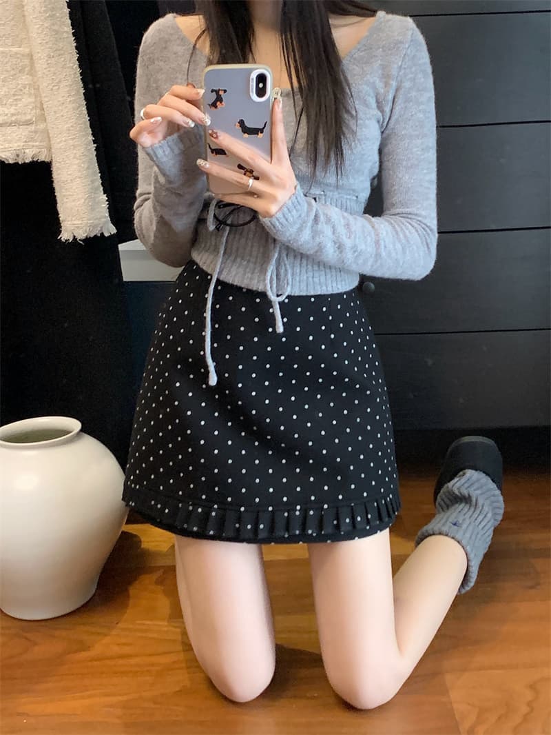 실사 2026 봄 디자인 센스 목이버섯 레이스 한 마디 반신 스커트 여성 miu 부서 도트 무늬 하이웨이스트 슬림해 보이는 짧은 치마 상세 이미지 5