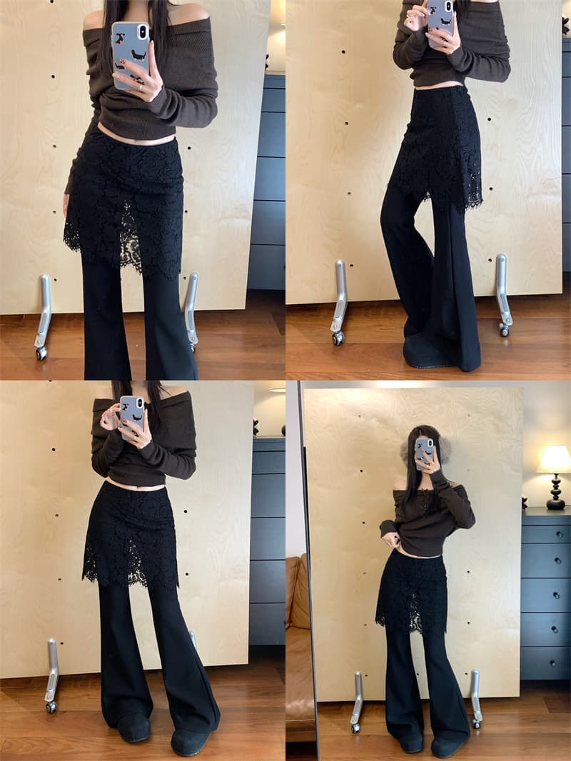 실사 2026 봄 방학 두 조각 레이스 조각 부츠컷 바지 하이웨이스트 슬림해 보이는 캐주얼 바지 이미지 3