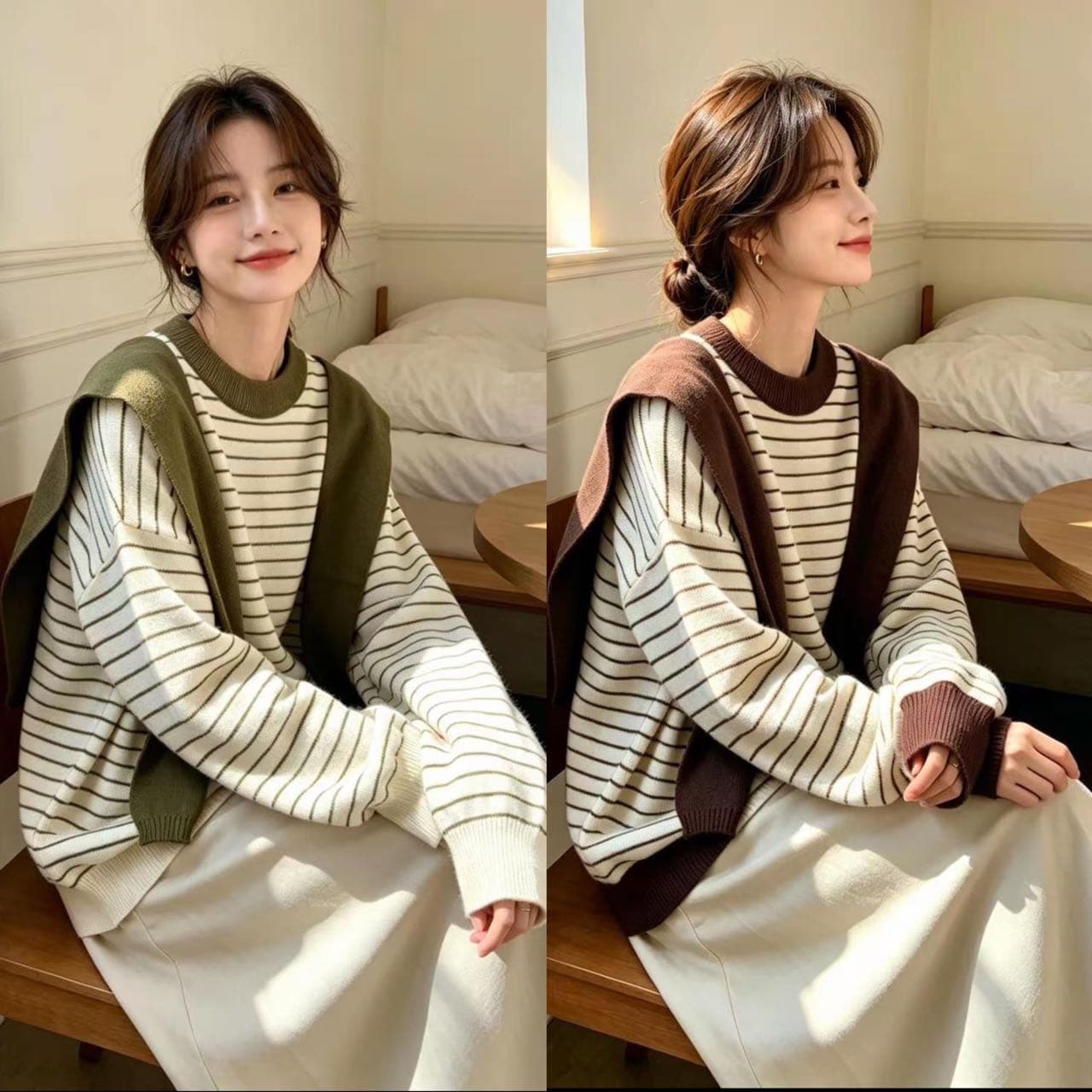 2026 가을 겨울철 새로운 한국 스타일 숄 레이스업 스트라이프 루즈핏 만나는 긴팔 털 니트 스웨터 티셔츠 맨위 여성 상세 이미지 1