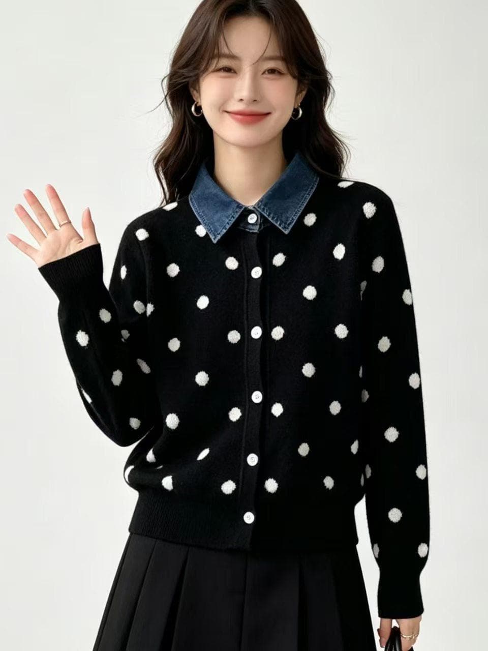 도트 무늬 니트 스웨터 오픈 가디건 여성 코트 페이크 레이어드 폴로 칼라 가을 한 부서 긴팔 맨위 연령 감소 달콤함 학원 이미지 2