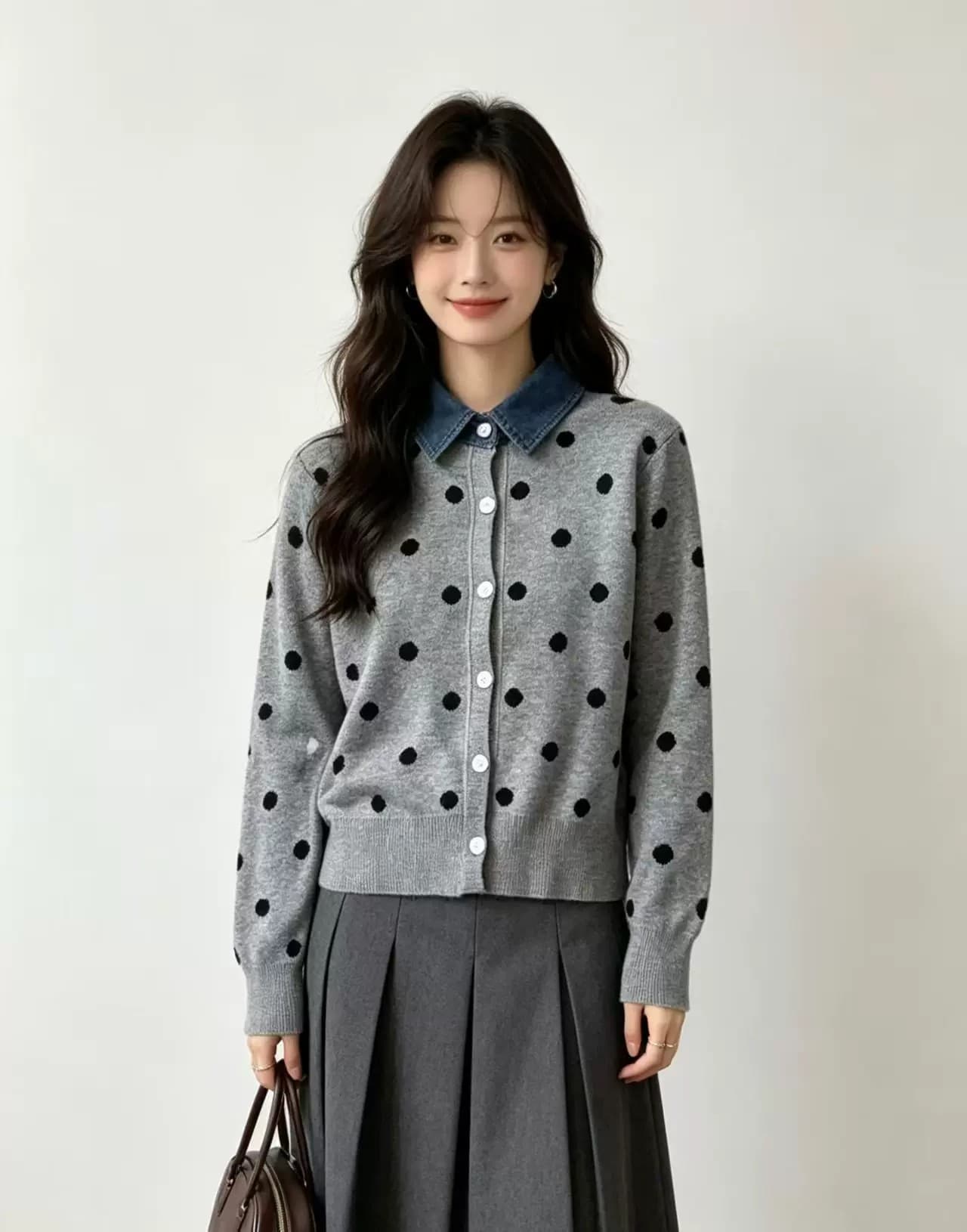 도트 무늬 니트 스웨터 오픈 가디건 여성 코트 페이크 레이어드 폴로 칼라 가을 한 부서 긴팔 맨위 연령 감소 달콤함 학원 상세 이미지 3