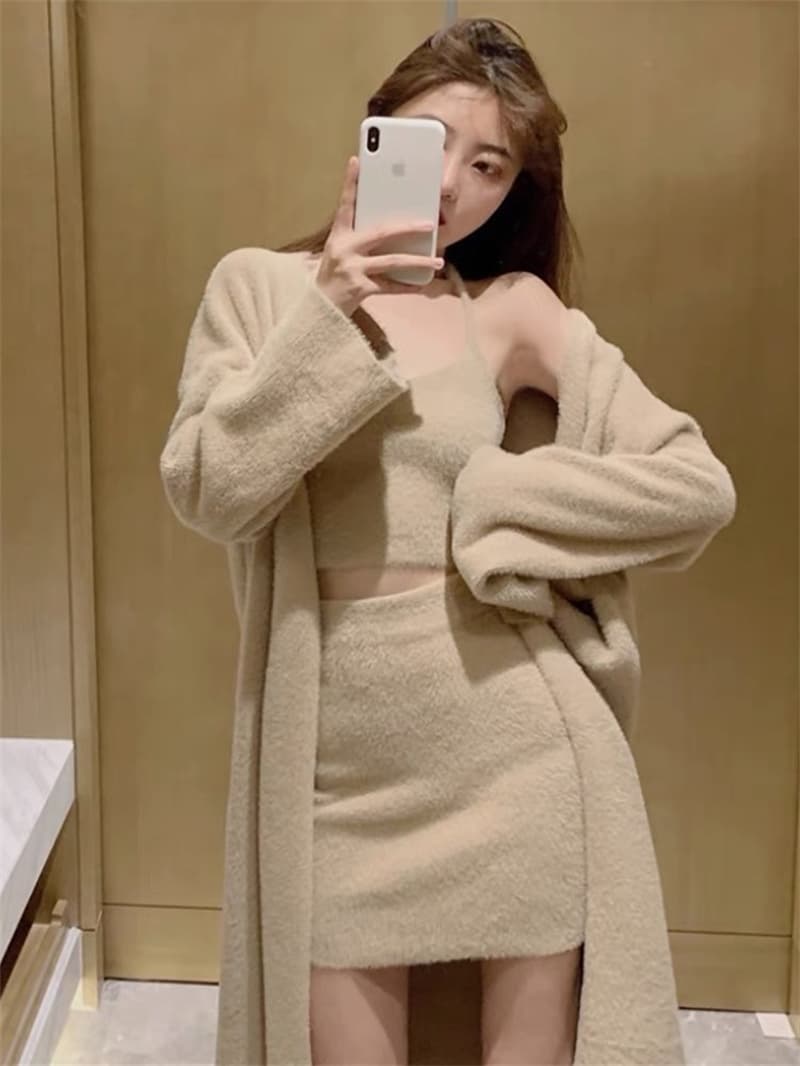 한 부서 순수한 욕망 바람 모방 밍크 플리스 스웨터 세 조각 여성 세트 롱 코트 카디건 코트 행침 목 슬립 타이트 스커트 미니 스커트 상세 이미지 10