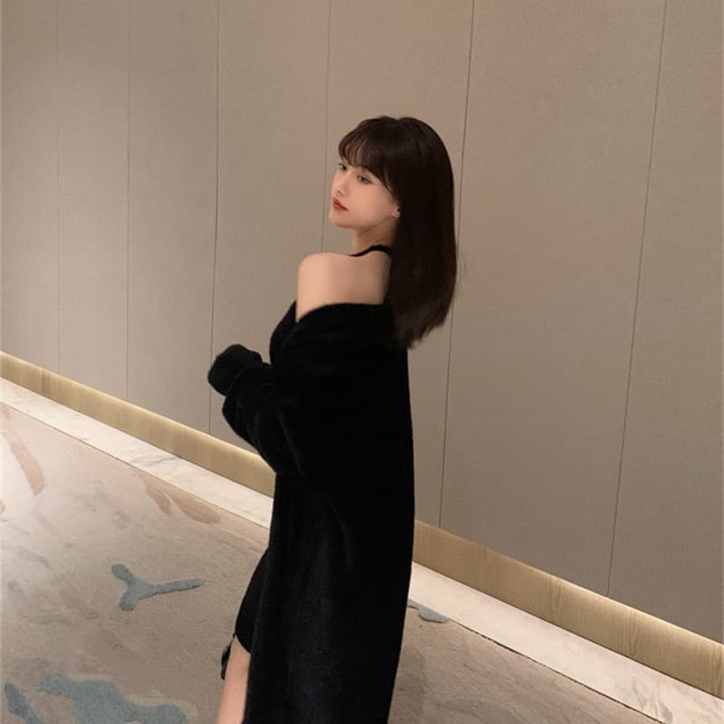 한 부서 순수한 욕망 바람 모방 밍크 플리스 스웨터 세 조각 여성 세트 롱 코트 카디건 코트 행침 목 슬립 타이트 스커트 미니 스커트 상세 이미지 22