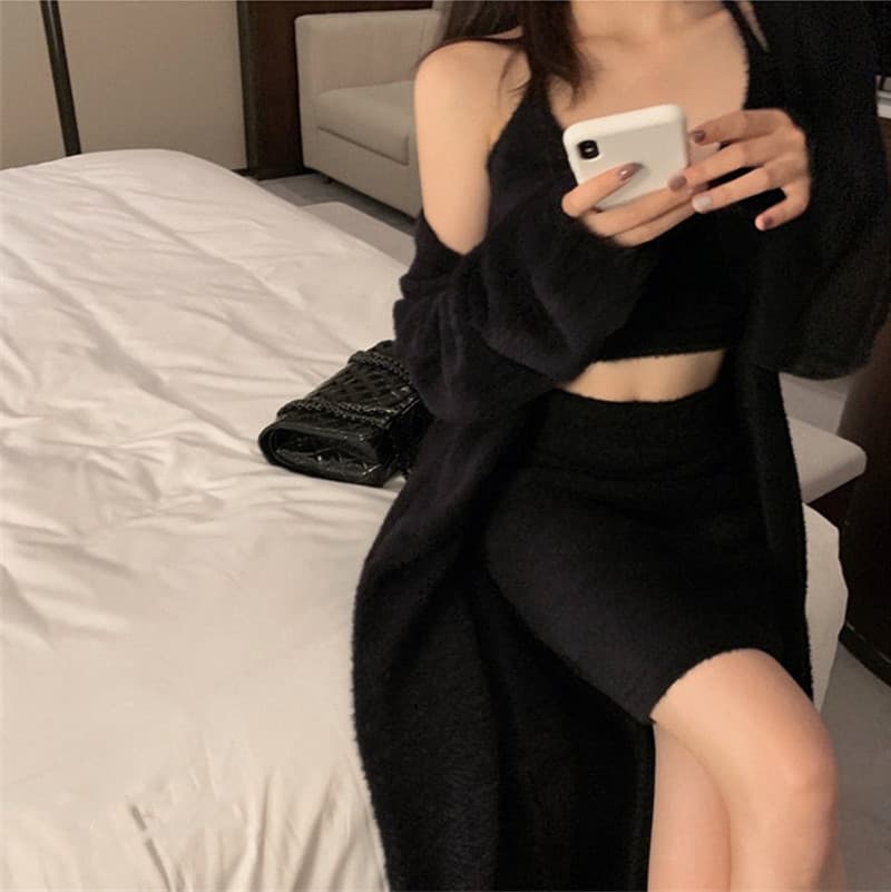 한 부서 순수한 욕망 바람 모방 밍크 플리스 스웨터 세 조각 여성 세트 롱 코트 카디건 코트 행침 목 슬립 타이트 스커트 미니 스커트 상세 이미지 28