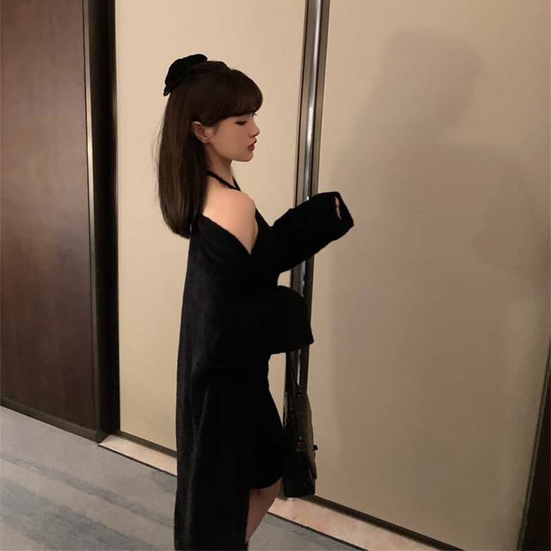 한 부서 순수한 욕망 바람 모방 밍크 플리스 스웨터 세 조각 여성 세트 롱 코트 카디건 코트 행침 목 슬립 타이트 스커트 미니 스커트 상세 이미지 29