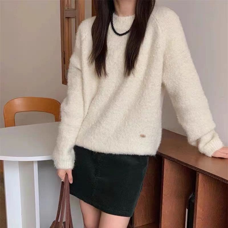 부드러운 찹쌀 서클 실 라운드 넥 스웨터 여자 가을 겨울 루즈핏 느긋한 삽입 어깨 소매 슬림해 보이는 분위기 센스 풀오버 니트 맨위 상세 이미지 9