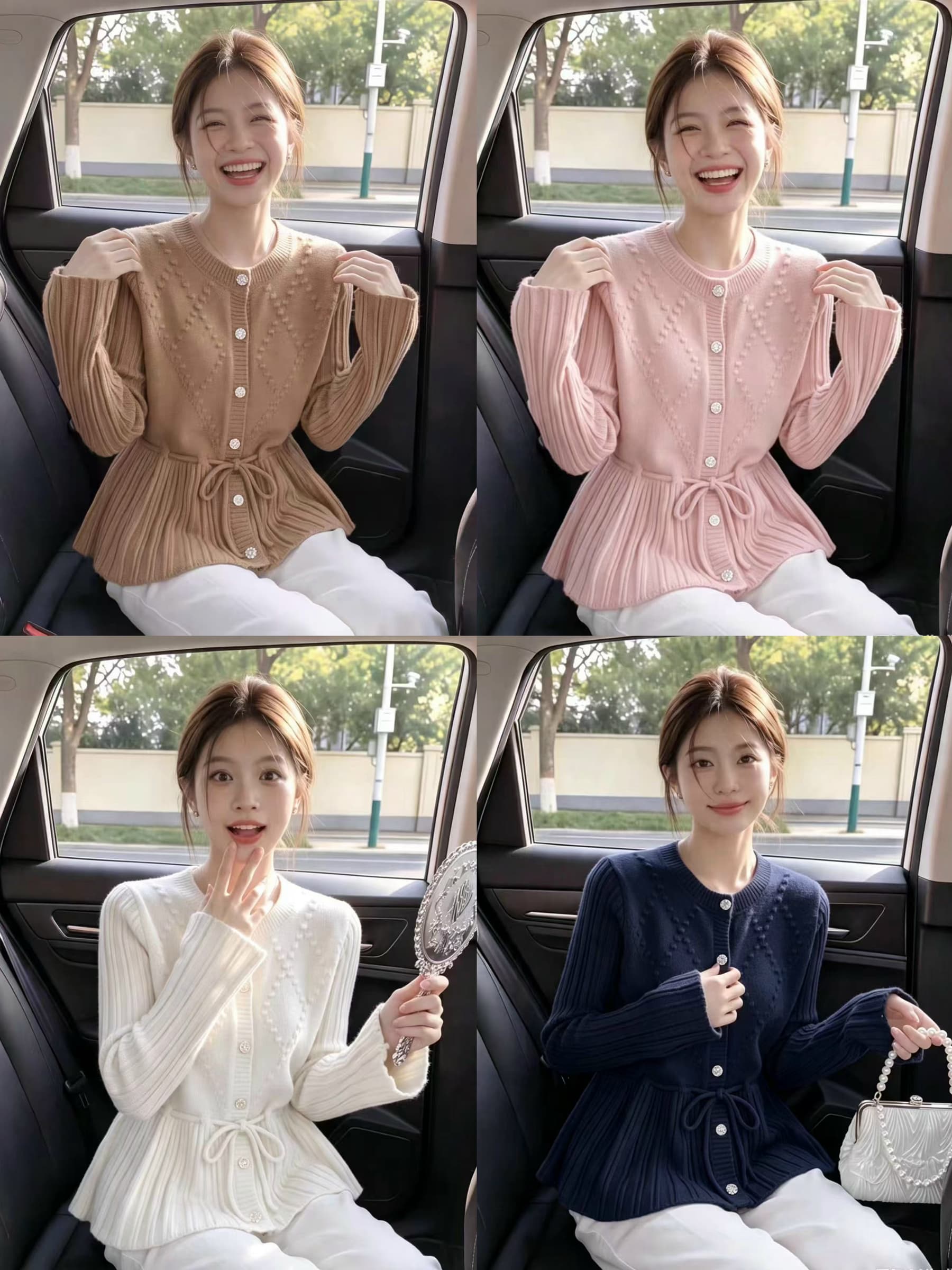 한 부서 부드러운 허리 수축 스트랩 니트 오픈 가디건 여성 링 그리드 자카드 연꽃 잎 밑단 슬림해 보이는 긴팔 스웨터 코트 상세 이미지 1